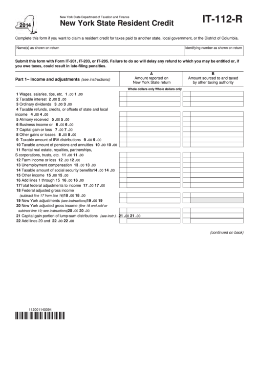 Form It-112-R - New York State Resident Credit - 2014 Printable pdf