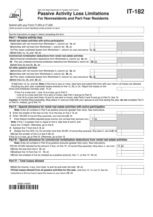 Fillable Form It-182 - Passive Activity Loss Limitations For Nonresidents And Part-Year Residents - 2014 Printable pdf