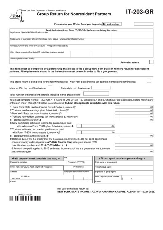 Fillable Form It-203-Gr - Group Return For Nonresident Partners - 2014 Printable pdf