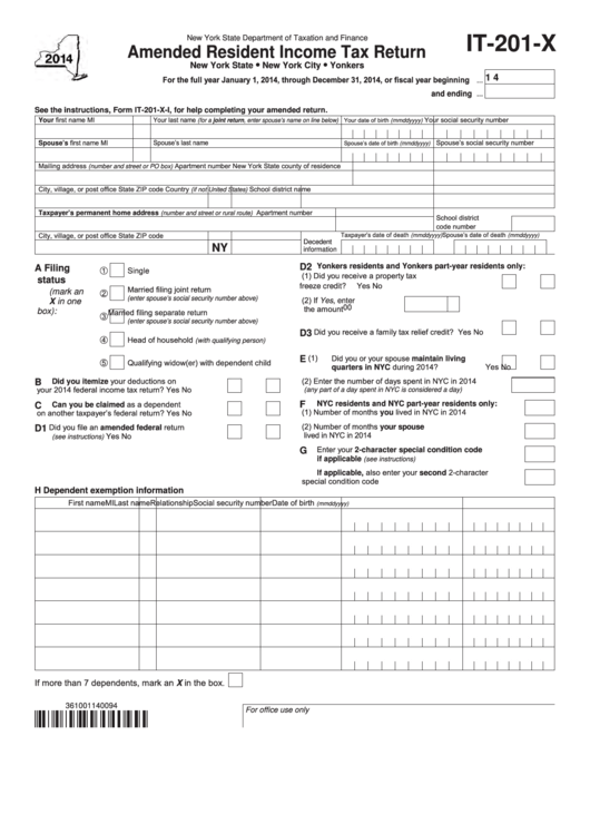 Fillable Form It-201-X - Amended Resident Income Tax Return - 2014 Printable pdf