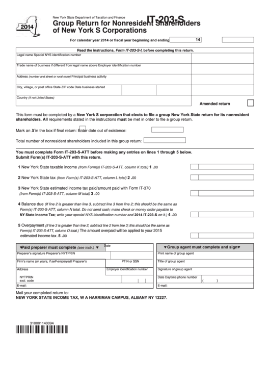 Fillable Form It-203-S - Group Return For Nonresident Shareholders Of New York S Corporations - 2014 Printable pdf