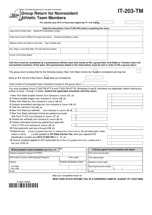 Fillable Form It-203-Tm - Group Return For Nonresident Athletic Team Members - 2014 Printable pdf