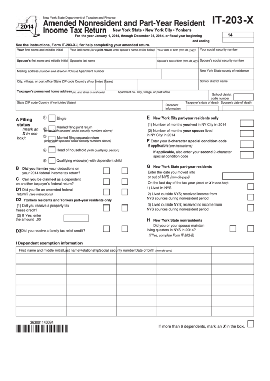 Fillable Form It-203-X - Amended Nonresident And Part-Year Resident - 2014 Printable pdf