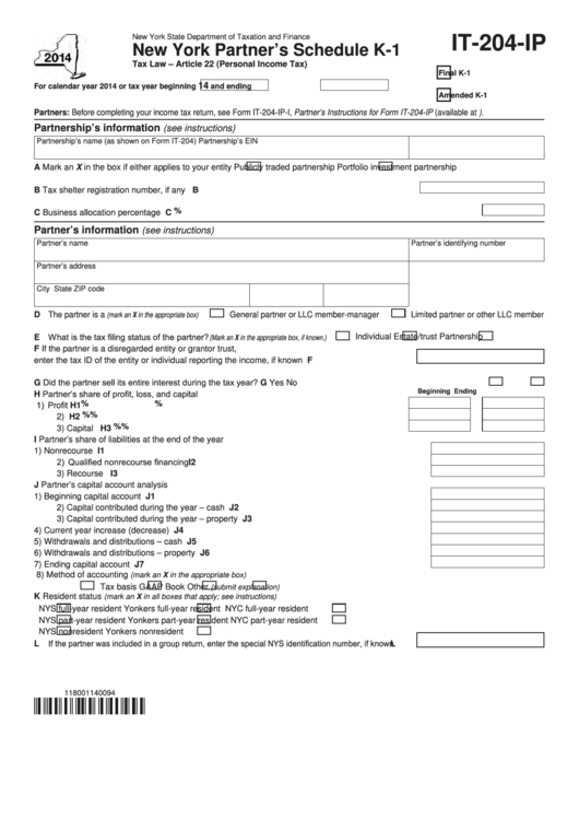 Fillable Schedule K 1 Form It 204 Ip New York Partner S 2014 