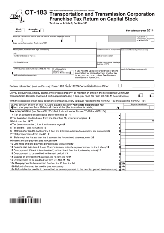Fillable Form Ct-183 - Transportation And Transmission Corporation Franchise Tax Return On Capital Stock - 2014 Printable pdf