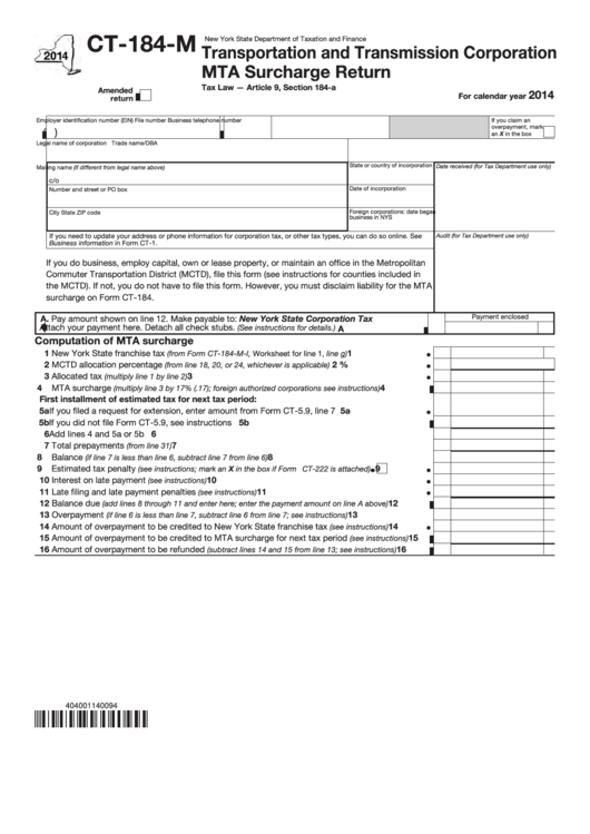 Fillable Form Ct-184-M - Transportation And Transmission Corporation Mta Surcharge Return - 2014 Printable pdf