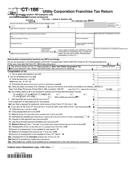 Fillable Form Ct-186 - Utility Corporation Franchise Tax Return - 2014 Printable pdf