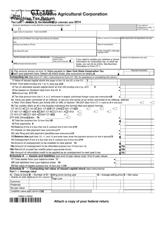 Form Ct-185 - Cooperative Agricultural Corporation Franchise Tax Return - 2014 Printable pdf