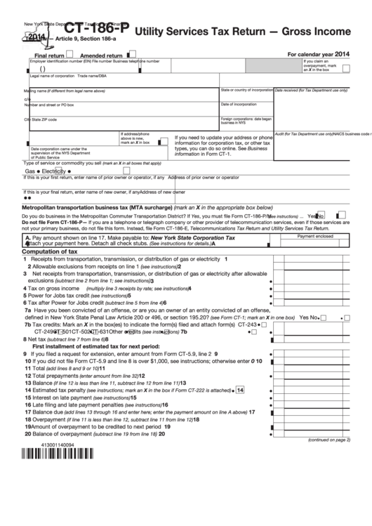 Form Ct-186-P - Utility Services Tax Return - Gross Income - 2014 Printable pdf