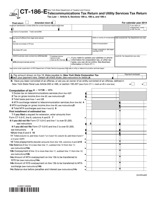 Fillable Form Ct-186-E - Telecommunications Tax Return And Utility Services Tax Return - 2014 Printable pdf