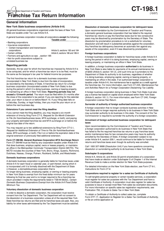 Form Ct-198.1 - Franchise Tax Return Information Printable pdf