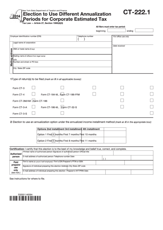Form Ct-222.1 - Election To Use Different Annualization Periods For Corporate Estimated Tax - 2014 Printable pdf