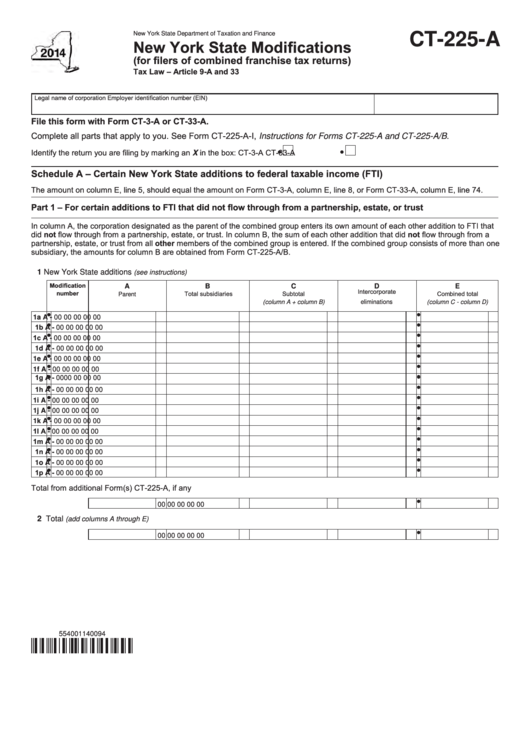 Form Ct-225-A - New York State Modifications - 2014 Printable pdf