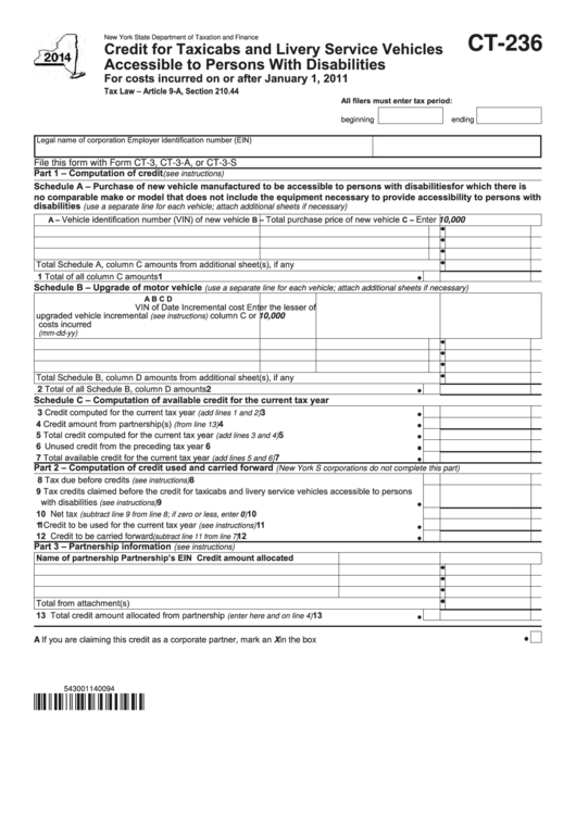 Form Ct-236 - Credit For Taxicabs And Livery Service Vehicles Accessible To Persons With Disabilities - 2014 Printable pdf