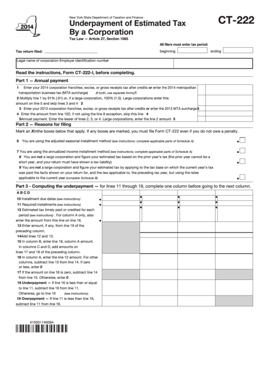 Form Ct-222 - Underpayment Of Estimated Tax By A Corporation - 2014 Printable pdf