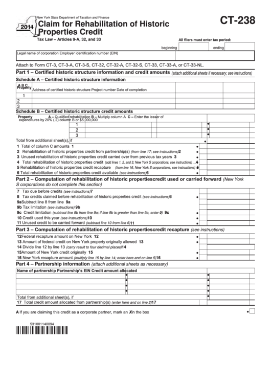 Form Ct-238 - Claim For Rehabilitation Of Historic Properties Credit - 2014 Printable pdf