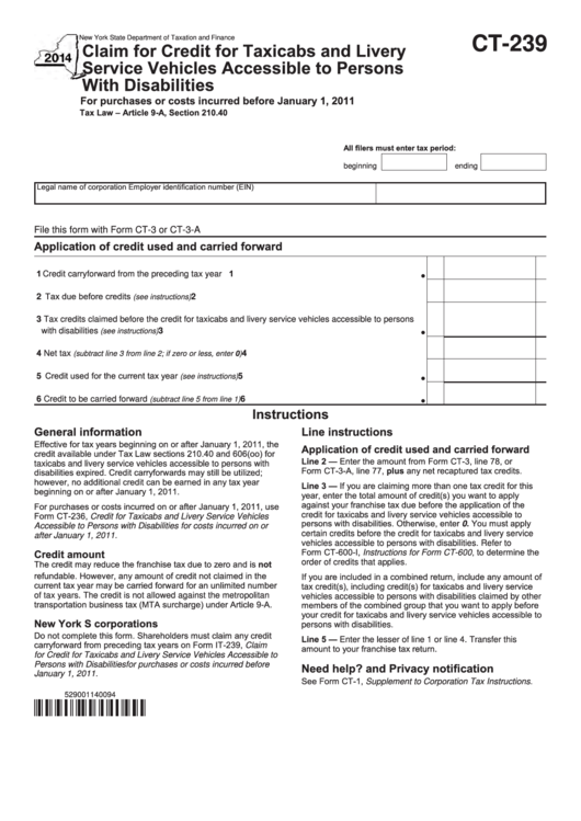 Form Ct-239 - Claim For Credit For Taxicabs And Livery Service Vehicles Accessible To Persons With Disabilities - 2014 Printable pdf