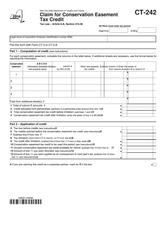 Form Ct-242 - Claim For Conservation Easement Tax Credit - 2014 Printable pdf