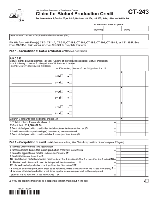 Form Ct-243 - Claim For Biofuel Production Credit - 2014 Printable pdf