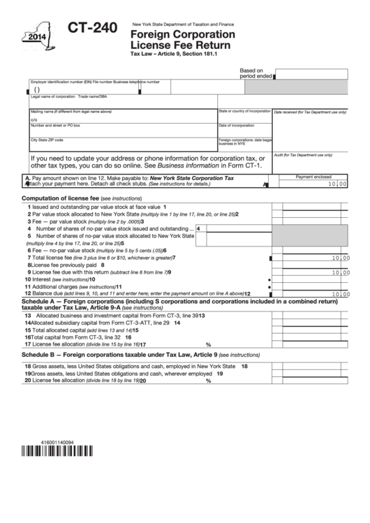 Fillable Form Ct-240 - Foreign Corporation License Fee Return - 2014 Printable pdf