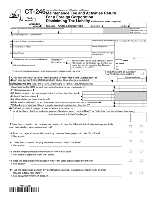 Form Ct-245 - Maintenance Fee And Activities Return For A Foreign Corporation Disclaiming Tax Liability - 2014 Printable pdf