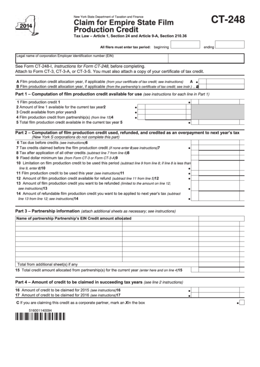 Form Ct-248 - Claim For Empire State Film Production Credit - 2014 Printable pdf