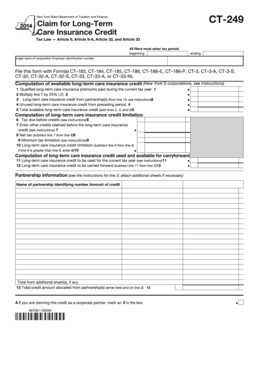 Form Ct-249 - Claim For Long-Term Care Insurance Credit - 2014 Printable pdf