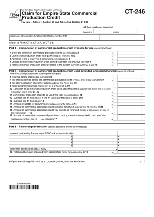 Form Ct-246 - Claim For Empire State Commercial Production Credit - 2014 Printable pdf