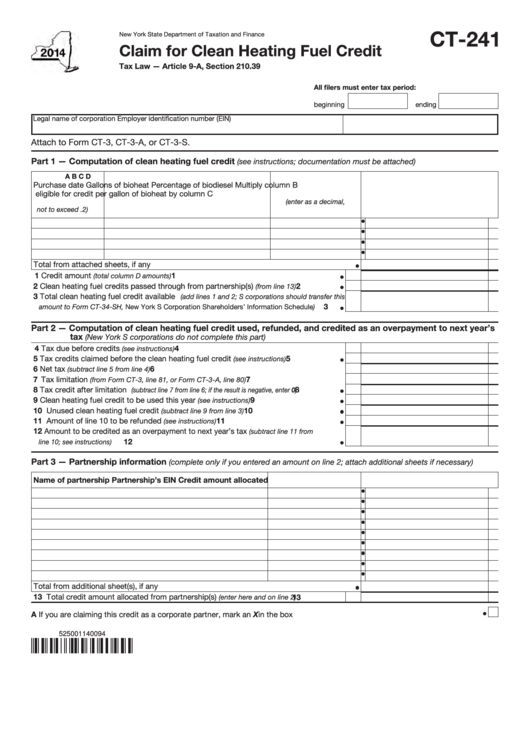 Form Ct-241 - Claim For Clean Heating Fuel Credit - 2014 Printable pdf