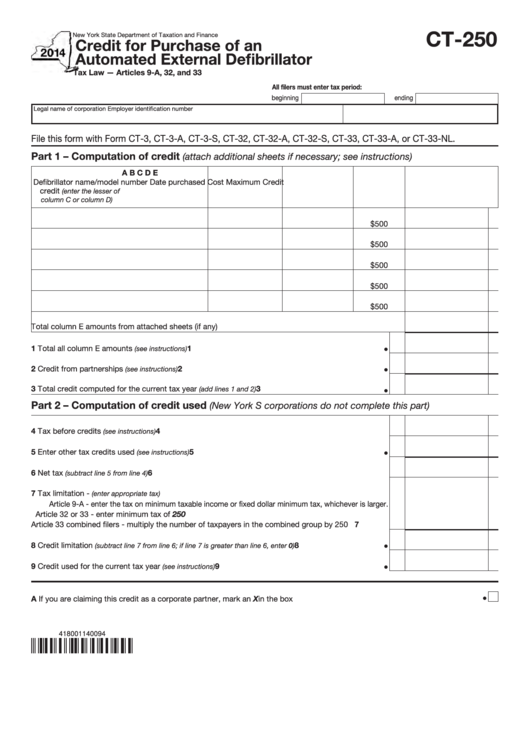 Form Ct-250 - Credit For Purchase Of An Automated External Defibrillator - 2014 Printable pdf