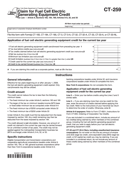 Form Ct-259 - Claim For Fuel Cell Electric Generating Equipment Credit - 2014 Printable pdf