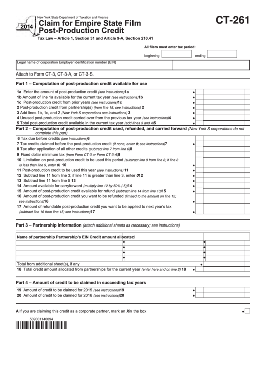 Form Ct-261 - Claim For Empire State Film Post-Production Credit - 2014 Printable pdf
