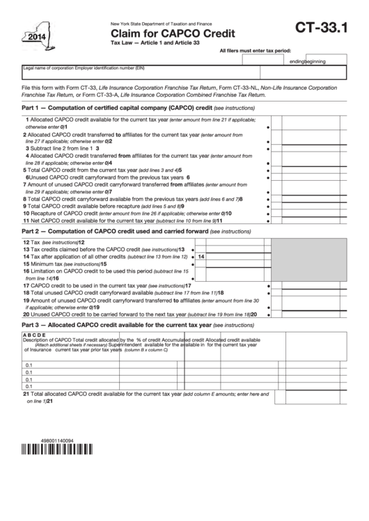 Form Ct-33.1 - Claim For Capco Credit - 2014 Printable pdf