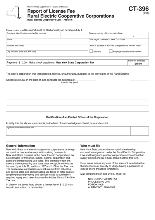 Form Ct-396 - Report Of License Fee Rural Electric Cooperative Corporations Printable pdf
