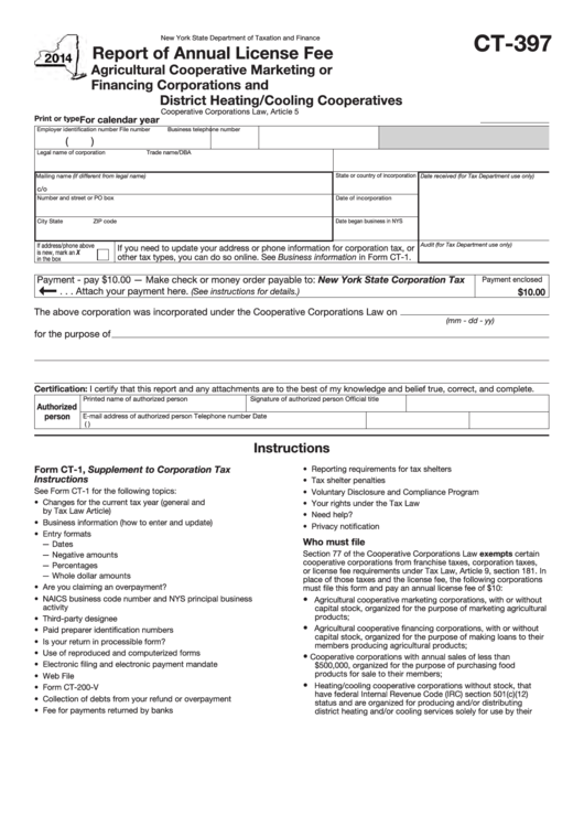 Form Ct-397 - Report Of Annual License Fee - 2014 Printable pdf