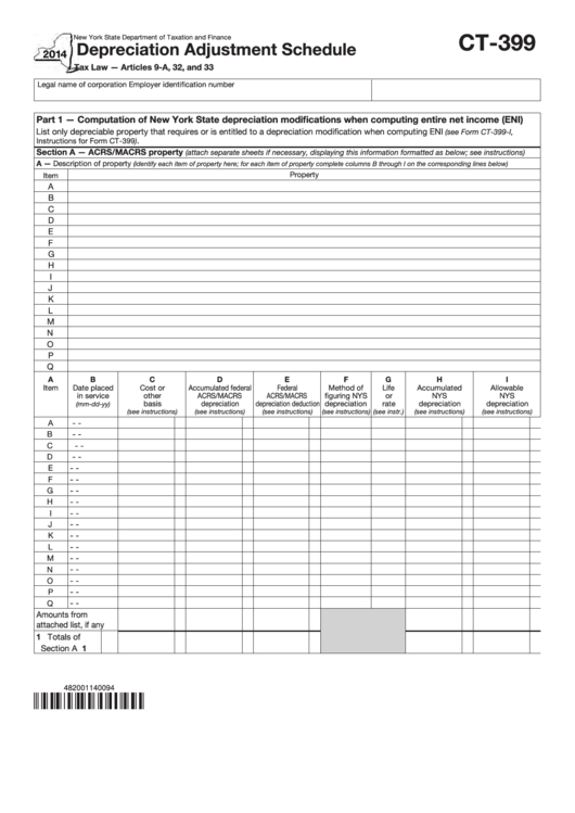 Form Ct-399 - Depreciation Adjustment Schedule - 2014 Printable pdf