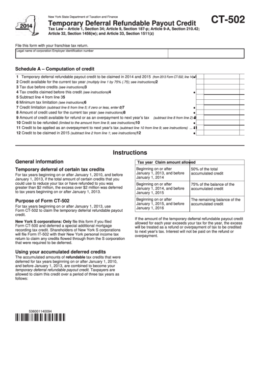 Form Ct-502 - Temporary Deferral Refundable Payout Credit - 2014 Printable pdf
