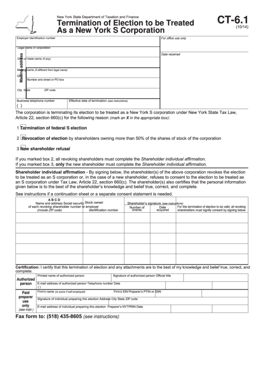 Form Ct-6.1 - Termination Of Election To Be Treated As A New York S Corporation Printable pdf