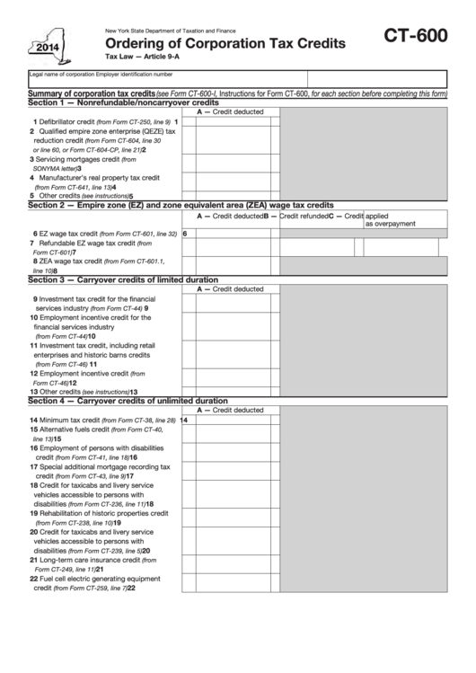 Form Ct-600 - Ordering Of Corporation Tax Credits - 2014 Printable pdf