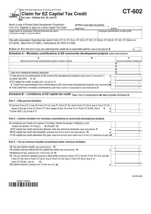 Form Ct-602 - Claim For Ez Capital Tax Credit - 2014 Printable pdf