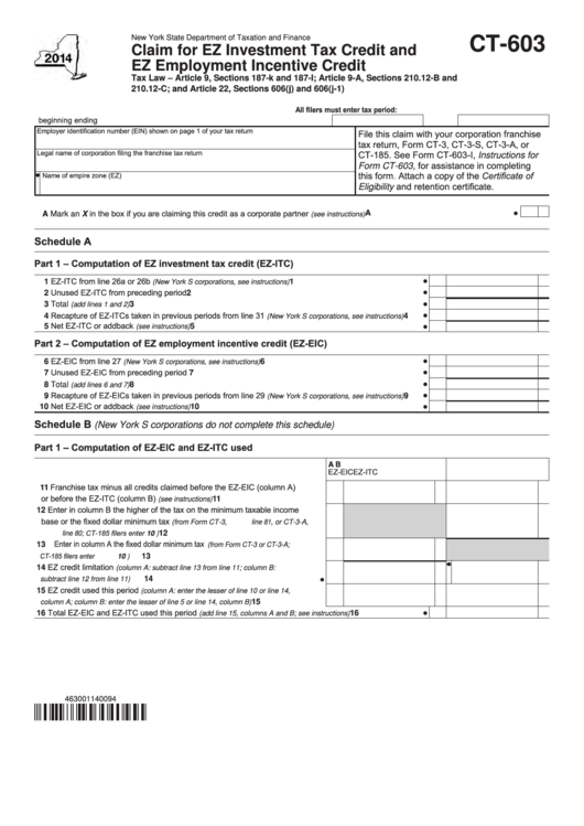 Form Ct-603 - Claim For Ez Investment Tax Credit And Ez Employment Incentive Credit - 2014 Printable pdf