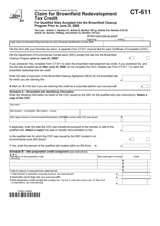 Form Ct-611 - Claim For Brownfield Redevelopment Tax Credit - 2014 Printable pdf