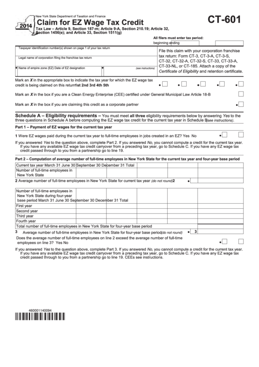 Form Ct-601 - Claim For Ez Wage Tax Credit - 2014 Printable pdf