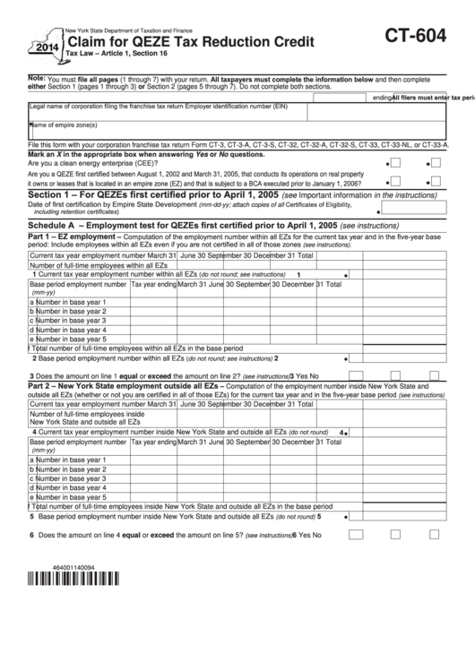 Form Ct-604 - Claim For Qeze Tax Reduction Credit - 2014 Printable pdf