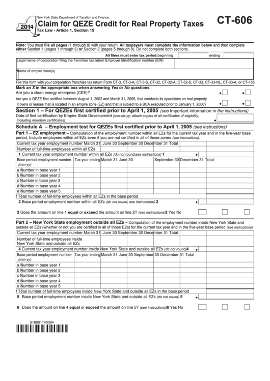 Form Ct-606 - Claim For Qeze Credit For Real Property Taxes - 2014 Printable pdf