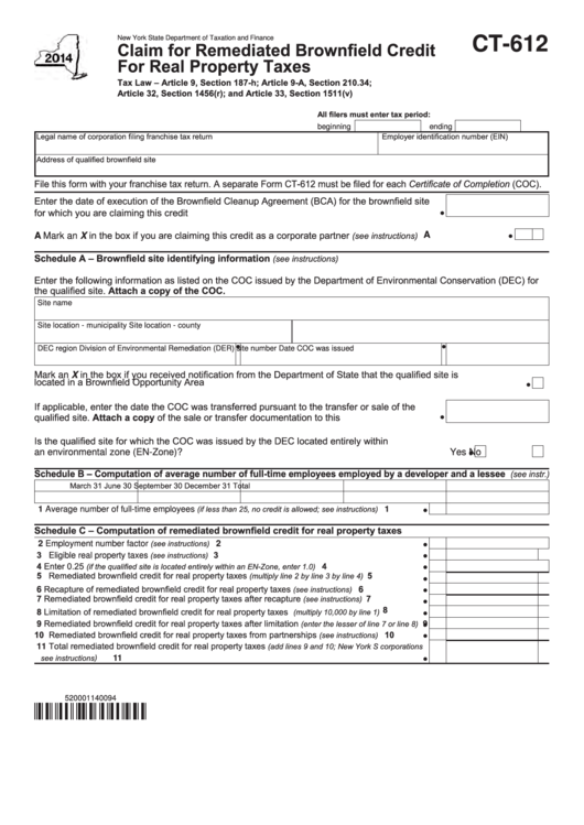 Form Ct-612 - Claim For Remediated Brownfield Credit For Real Property Taxes - 2014 Printable pdf