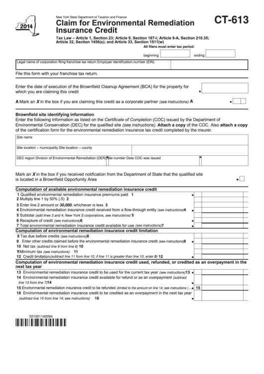 Form Ct-613 - Claim For Environmental Remediation Insurance Credit - 2014 Printable pdf