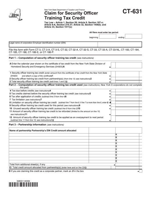 Form Ct-631 - Claim For Security Officer Training Tax Credit - 2014 Printable pdf