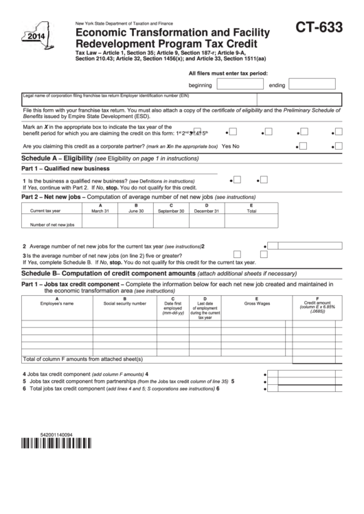 Form Ct-633 - Economic Transformation And Facility Redevelopment Program Tax Credit - 2014 Printable pdf