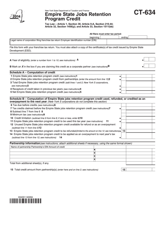 Form Ct-634 - Empire State Jobs Retention Program Credit - 2014 Printable pdf